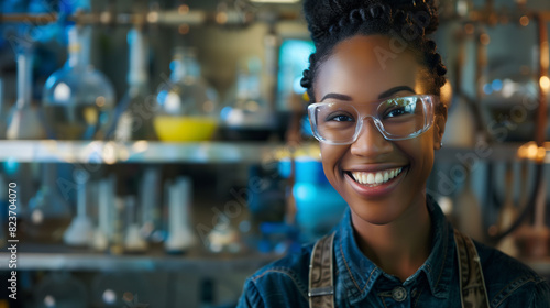 Smiling African American Female Scientist in Laboratory, Wearing Lab Coat, Research and Innovation photo