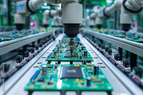 Automatic robot machine installs components on Circuit Board, Electronics Manufacturing photo