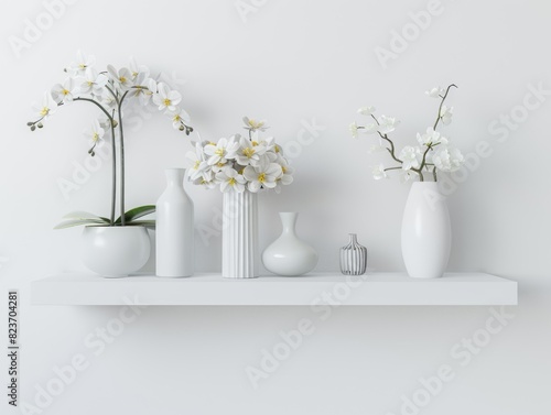 Abstract mockup of frame on shelf in scandinavian interior design, simple wall with decor and decorative objects. White background for artwork poster or picture. Modern home decoration concept.