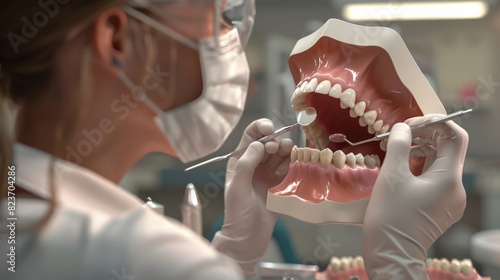 Design a visually detailed 3D render illustrating a dental professional conducting a thorough inspection of teeth using advanced diagnostic tools --ar 16:9 Job ID: 1d7e5ecd-540c-43af-b82c-e039ab0e5e9c photo