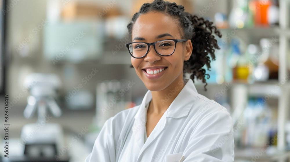 Smiling Female Scientist in Laboratory, Wearing Lab Coat, Research and Innovation Smiling Female Scientist in Laboratory, Wearing Lab Coat, Research and Innovation
