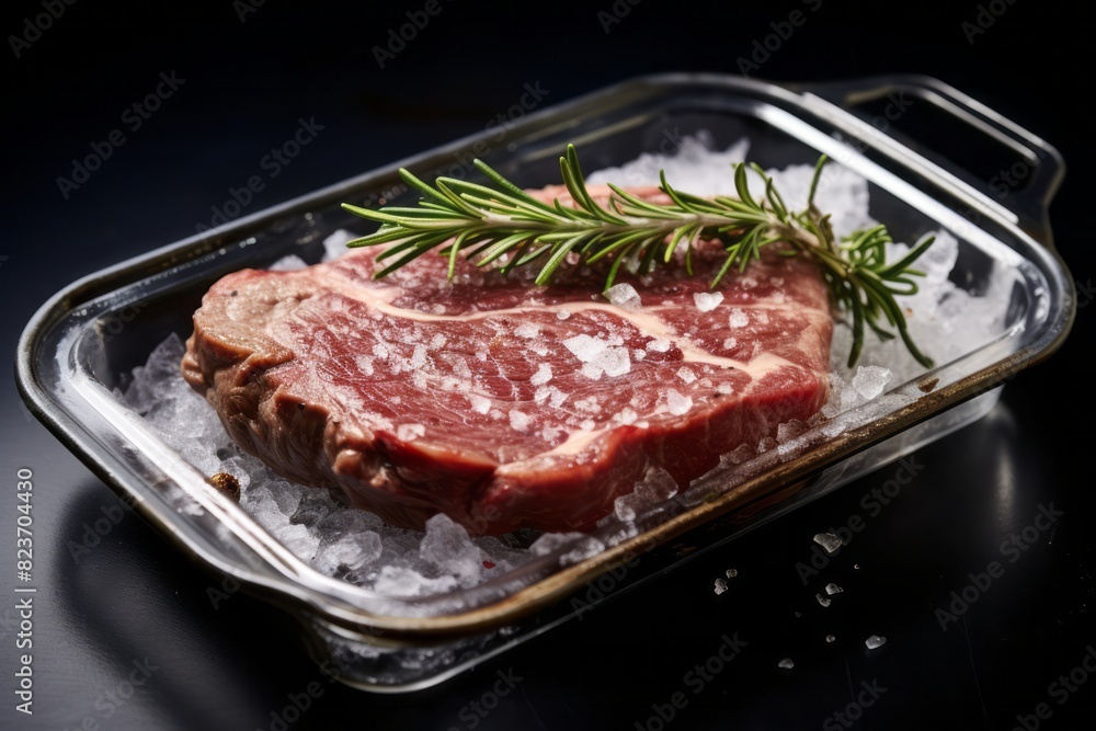 Exquisite medium rare ribeye steak on a plastic tray against a frosted glass background