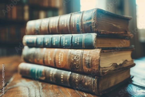 Vintage books stacked on a wooden table against a blurred library background photo
