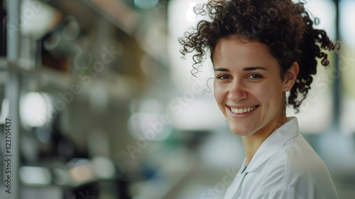 Smiling Female Scientist in Laboratory, Wearing Lab Coat, Research and Innovation