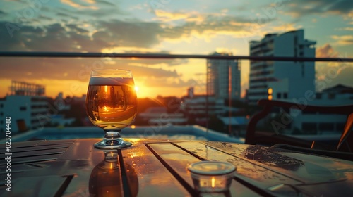 Delicious cold light beer in a glass on a table on the beach in summer photo