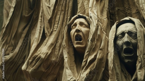 Expressive sculpted faces with dramatic emotion