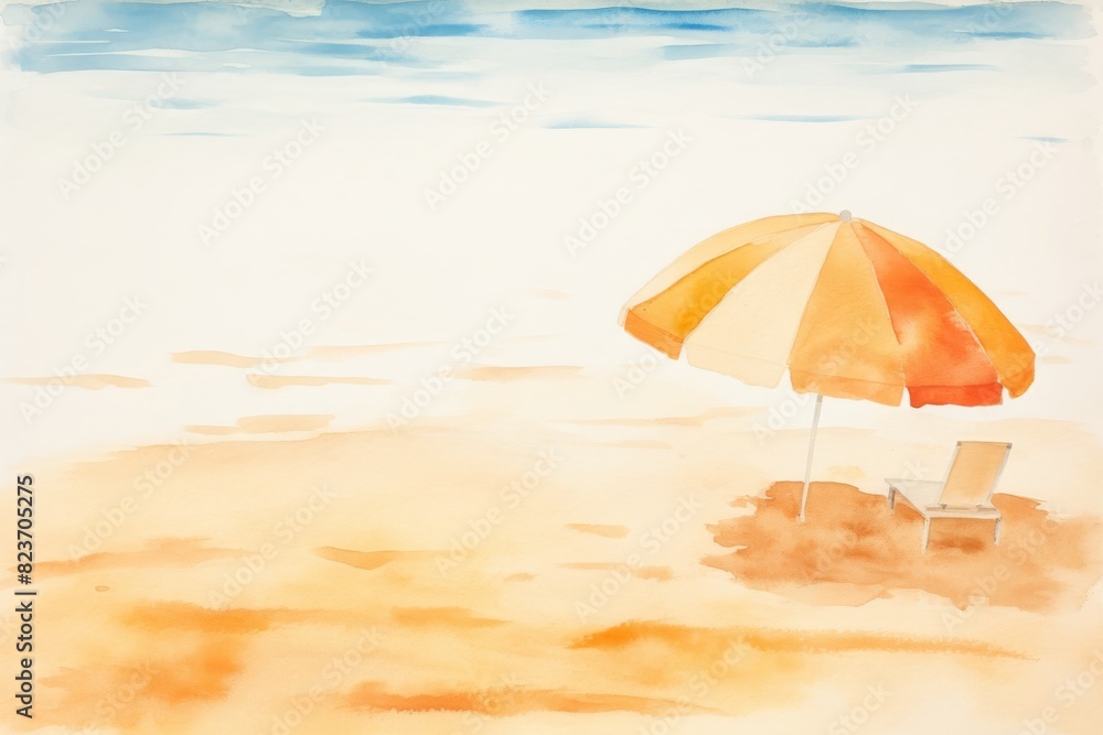 A beach scene with a large orange umbrella and a chair,watercolor illustrations ,summer season.