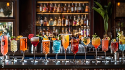 Diverse selection of drinks on a bar counter, inviting space for text, a vibrant and enticing scene.