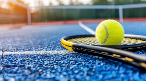 Close-up of tennis ball and racket on blue court surface © volga