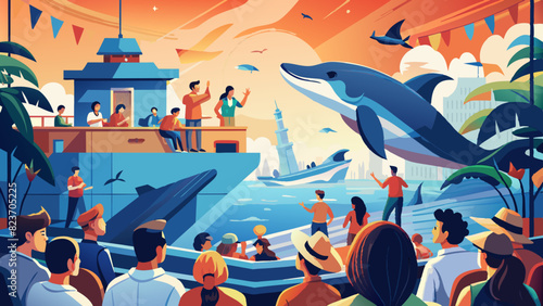Vibrant Dolphin Show at Sunset at the Marine Park. Vector illustration for World Whale and Dolphin Day