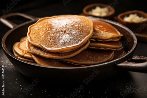 Tasty pancakes in a clay dish against a frosted glass background