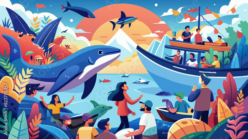 Vibrant Marine Life Ecosystem and Human Interaction Illustration. Vector illustration for World Whale and Dolphin Day
