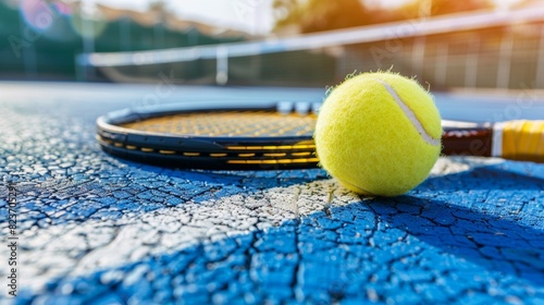 Sunshine on tennis court with ball and racket © volga