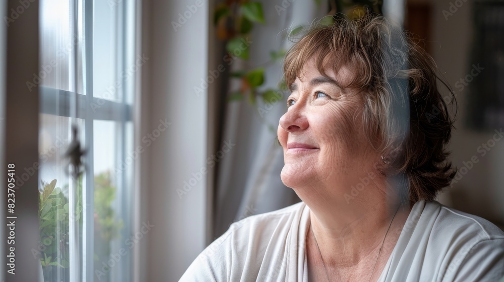 Chubby caucasian woman smiling while gazing out of window at the scenery Chubby caucasian woman smiling while gazing out of window at the scenery