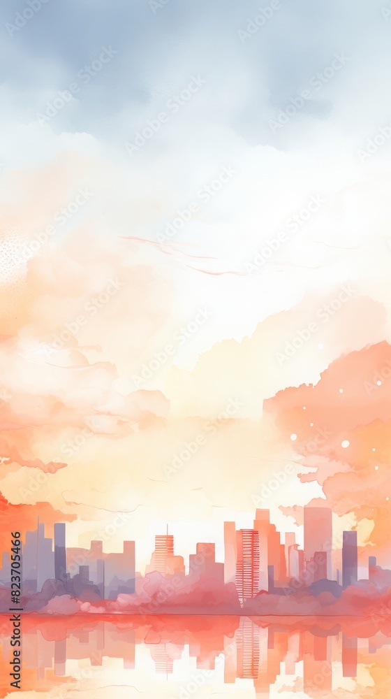 Fototapeta premium A city skyline is reflected in a body of water,watercolor illustrations ,summer season.