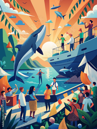 Whimsical Wildlife Encounter at Sunset - Colorful Nature Illustration. Vector illustration for World Whale and Dolphin Day