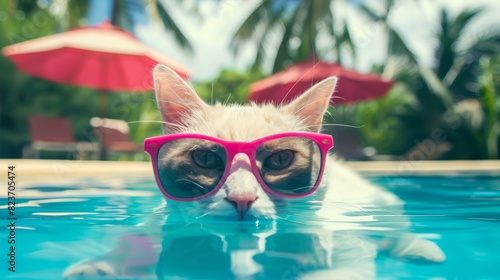 Cool cat in sunglasses chilling by the poolside