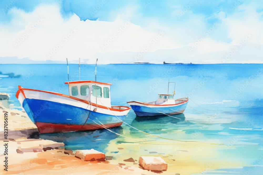 Two boats are docked on the shore of a lake,watercolor illustrations ,summer season.