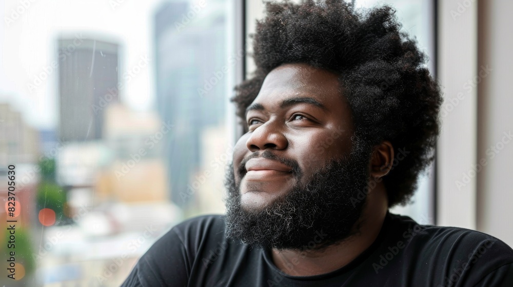 A close up of a happy, bearded man looking out of the window A close up of a happy, bearded man looking out of the window