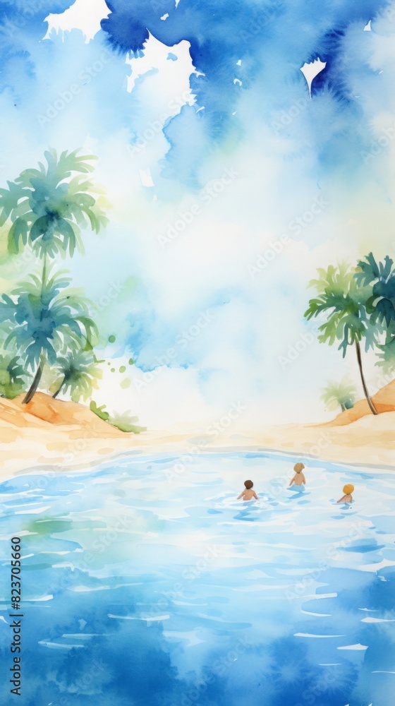 A painting of a beach scene with three people swimming in the water,watercolor illustrations ,summer season.