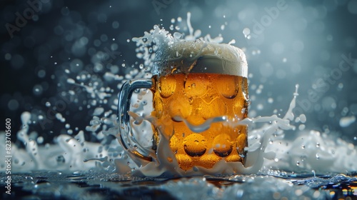 beer mug with beer and foam, water splash photo