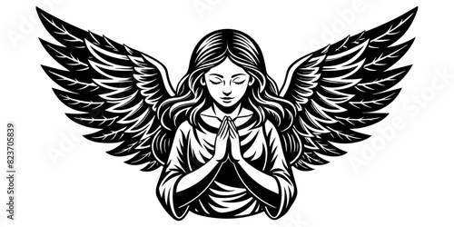 girl angel with wings praying vector stencil