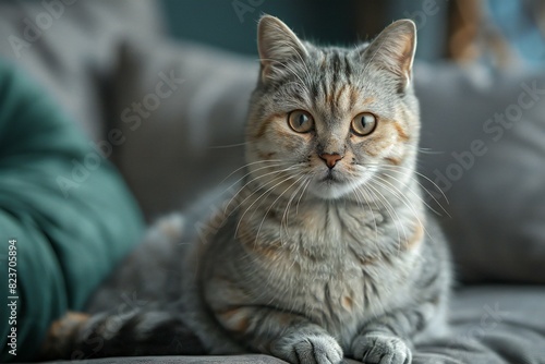 Silver tabby sitting, looking into camera, high quality, high resolution © Huyen