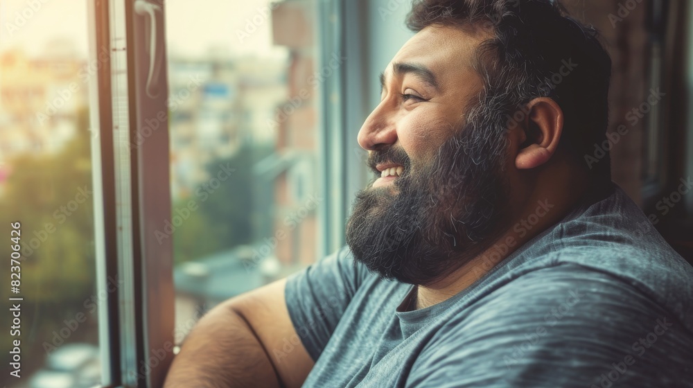 Smiling man with beard gazing out window