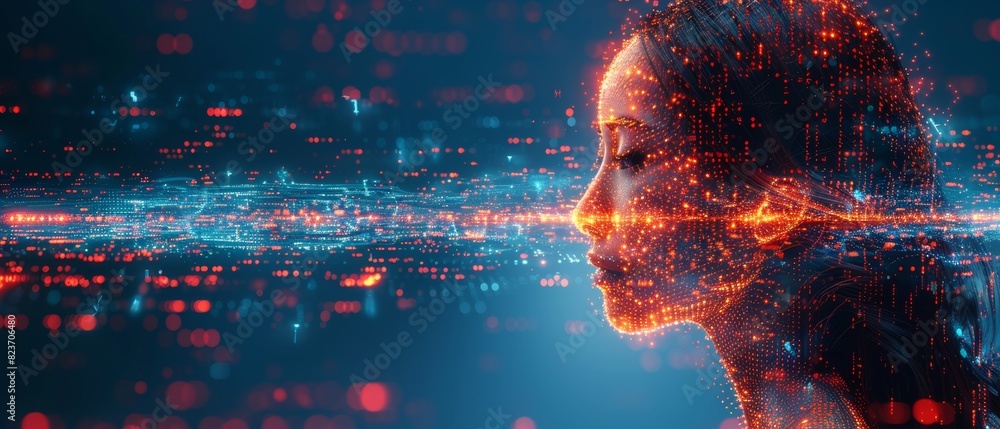 Artificial intelligence concept with circuit header profile and binary ...