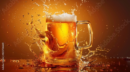 beer mug with beer and foam on a brown background photo