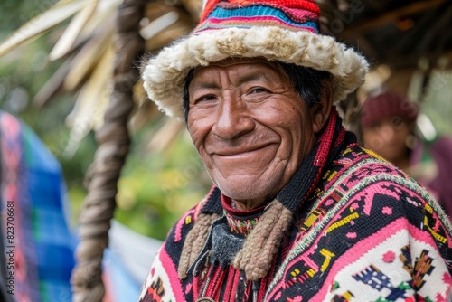 Portrait of a South American tribal man in traditional Indian clothing