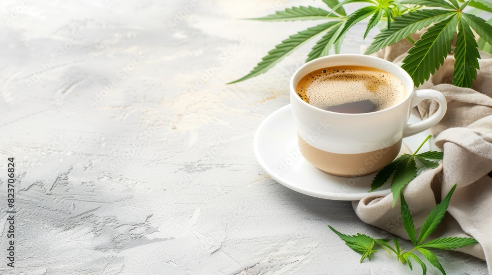 Cup of Coffee with Cannabis Leaf on White table. Cup of Coffee with Cannabis Leaf on White table.
