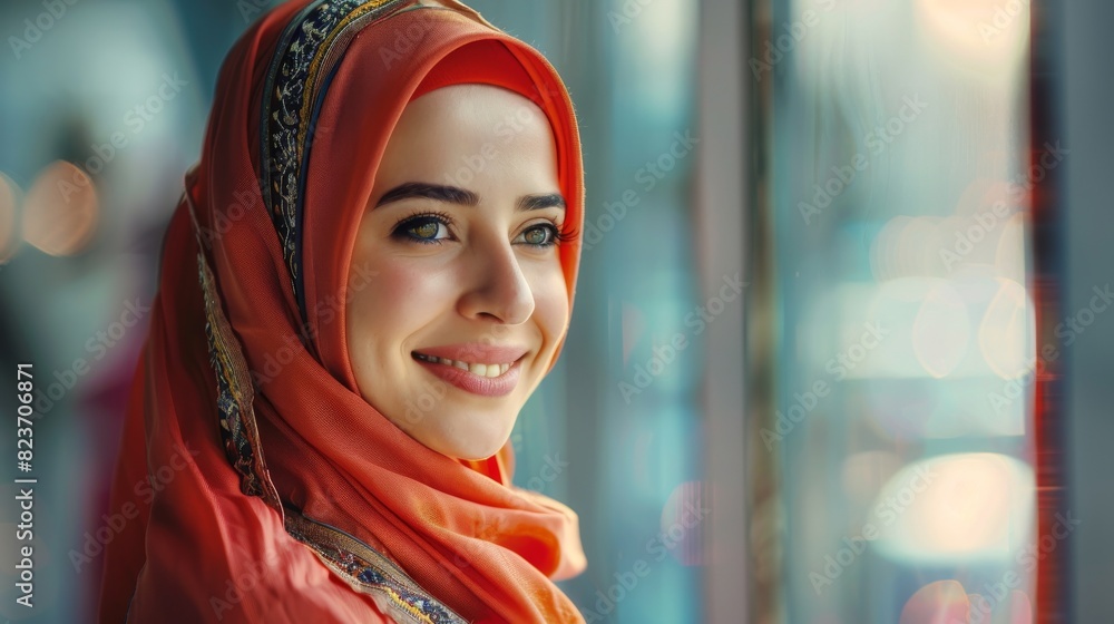 A happy Muslim woman smiles at the camera, wearing a red headscarf A happy Muslim woman smiles at the camera, wearing a red headscarf