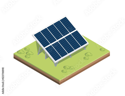 Solar panel standing on green square of ground renewable electric generation vector illustration isolated on white background