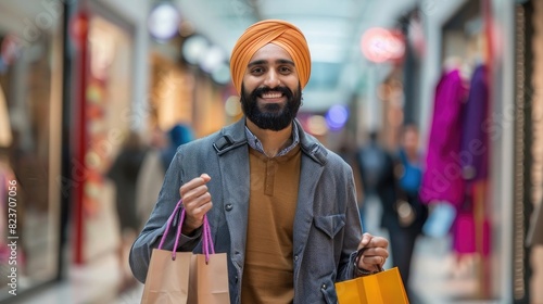 Photo of a smiling Sikh man holding shopping bags while walking in the mall, wearing casual and a turban on his head, real photo.
