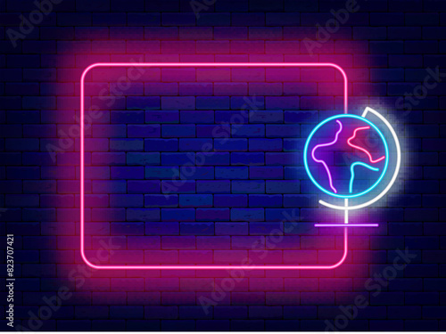 Back to school party and sale neon poster. Special offer invitation. Shiny greeting card. Empty pink frame and globe icon. Glowing banner. Geography science. Editing text. Vector stock illustration