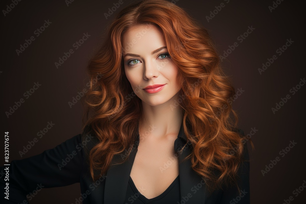 Portrait of a beautiful woman with vibrant red curly hair and a subtle smile Portrait of a beautiful woman with vibrant red curly hair and a subtle smile
