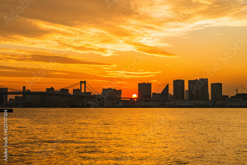 beautiful sultry sunset landscape with silhouette of famous Rainbow Bridge Tokyo  Japan  travel background