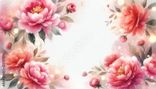 Elegant vibrant floral border with pink and peach peonies for invitations, scrapbooking, digital art