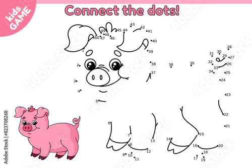 Dot to dot game for children. Connect the dots by numbers, draw a cartoon pink big pig and color it. Educational puzzle for school kids. Page with cute swine. Vector baby illustration of farm animal.