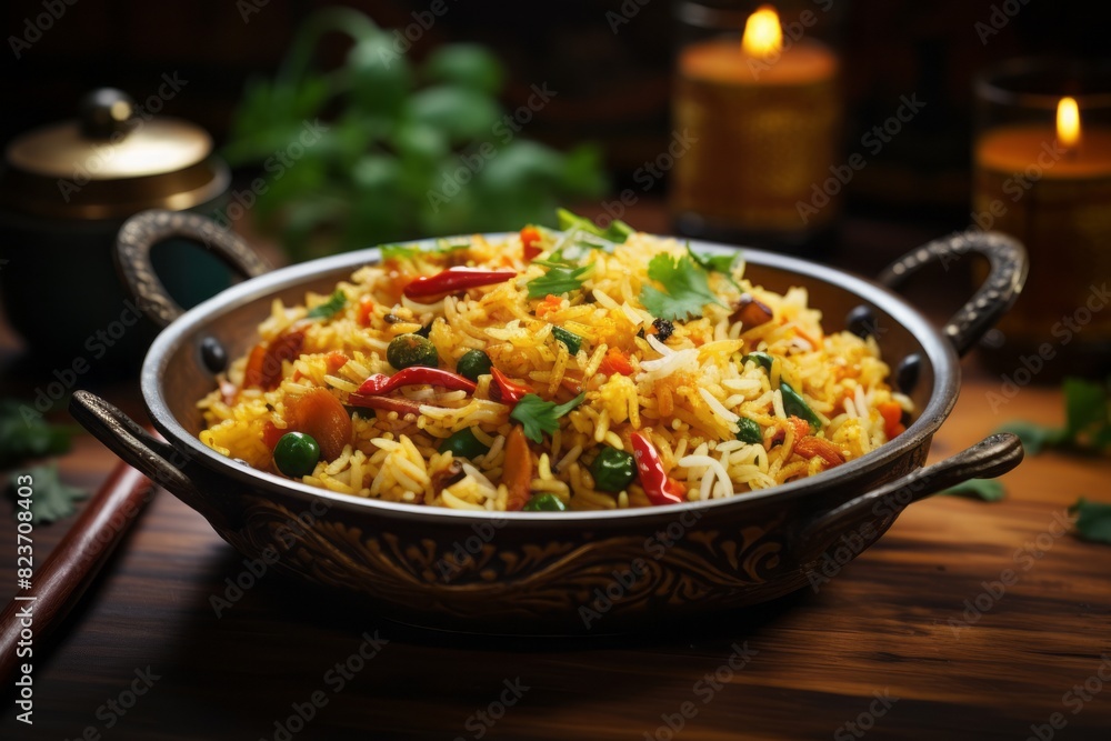 Delicious fried rice on a metal tray against a vintage wallpaper background