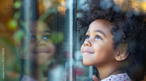A smiling little girl, black afro female, looking out of a window