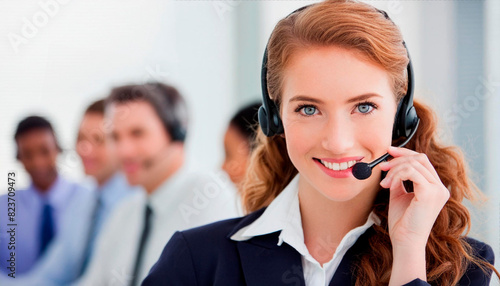 Portrait of a beautiful teleoperator working in a customer service call center with other colleagues photo