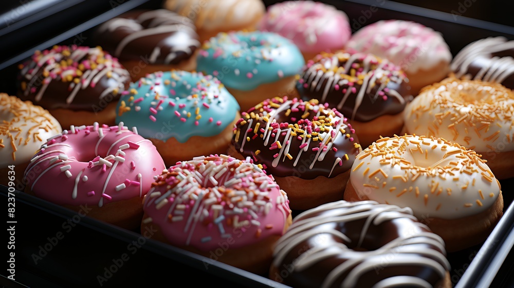 Delicious donuts with sprinkles on black background close up