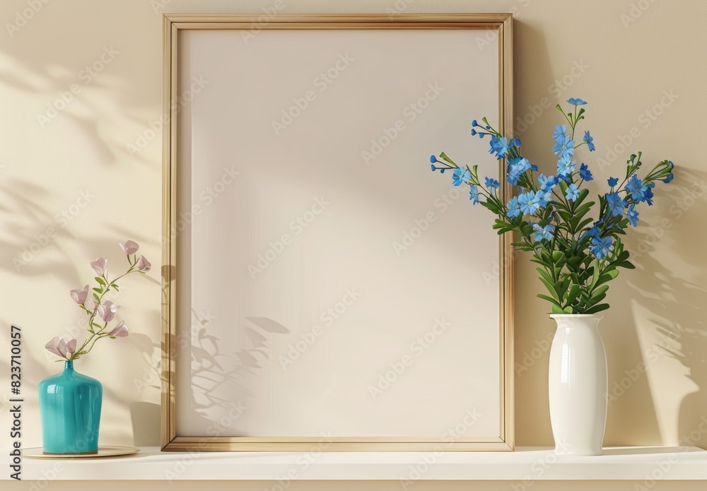wooden frame mockup with beige background, white shelf and vase of blue flower for decoration home interior design. Abstract wall art print template in modern style wooden frame mockup with beige background, white shelf and vase of blue flower for decoration home interior design. Abstract wall art print template in modern style