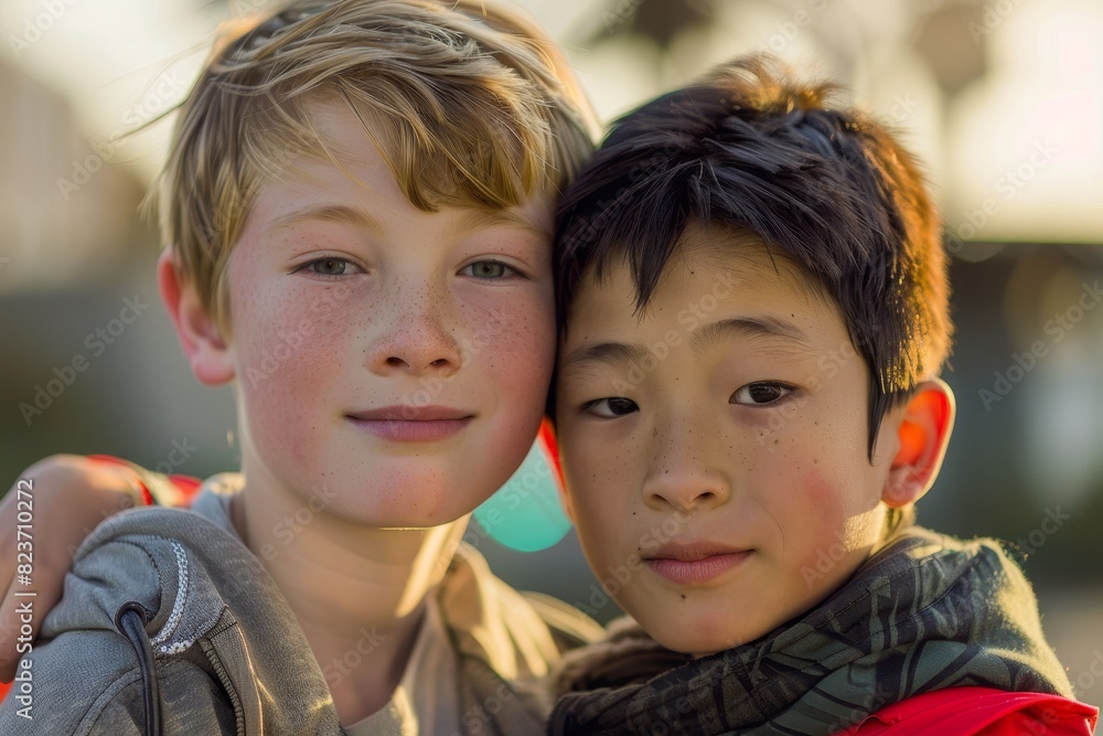 Two boys of European and Asian appearance with blond and dark hair stand facing each other Two boys of European and Asian appearance with blond and dark hair stand facing each other