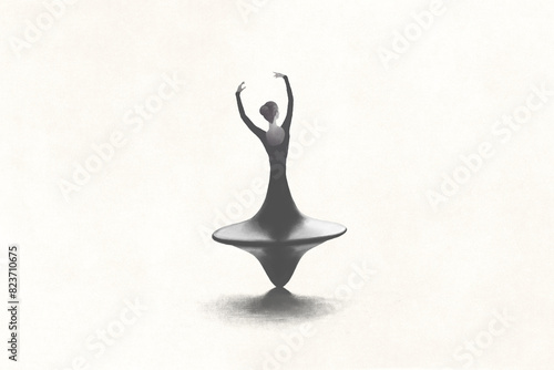 illustration of a spinning top woman dancing in circles, surreal beauty concept