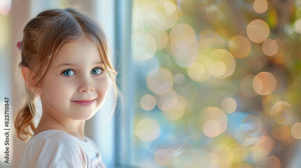 Young Caucasian girl smiling while looking out a window at the camera Young Caucasian girl smiling while looking out a window at the camera