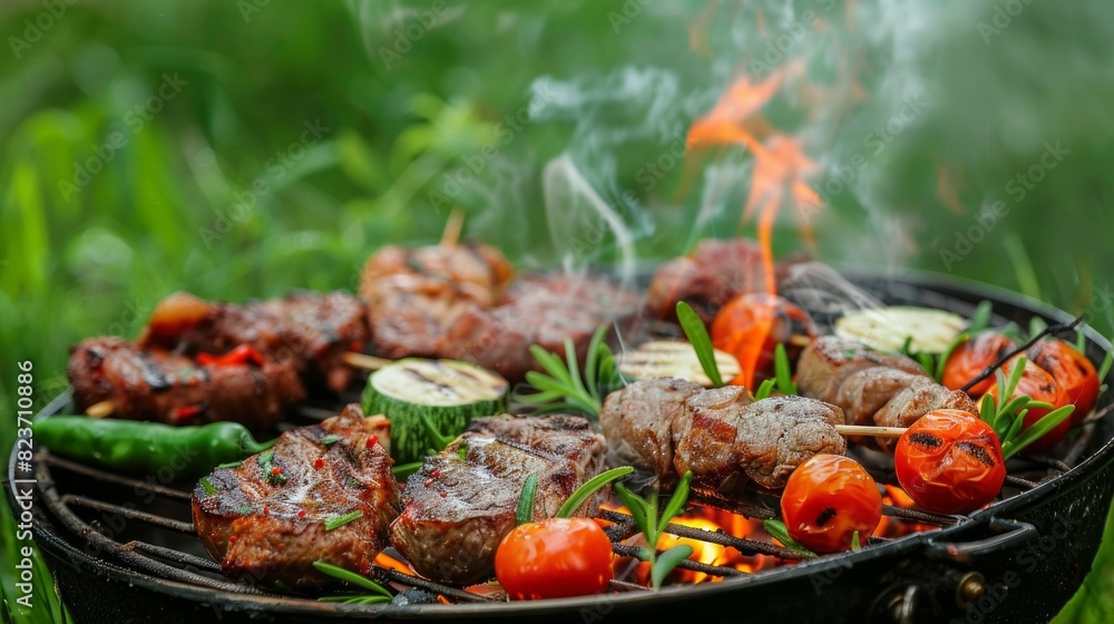 A grill with meat and vegetables on it, with smoke coming from the grill A grill with meat and vegetables on it, with smoke coming from the grill