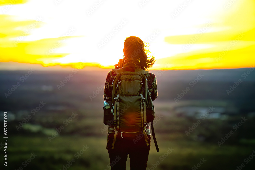 Young attractive backpacker girl at scenic sunset Young attractive backpacker girl at scenic sunset